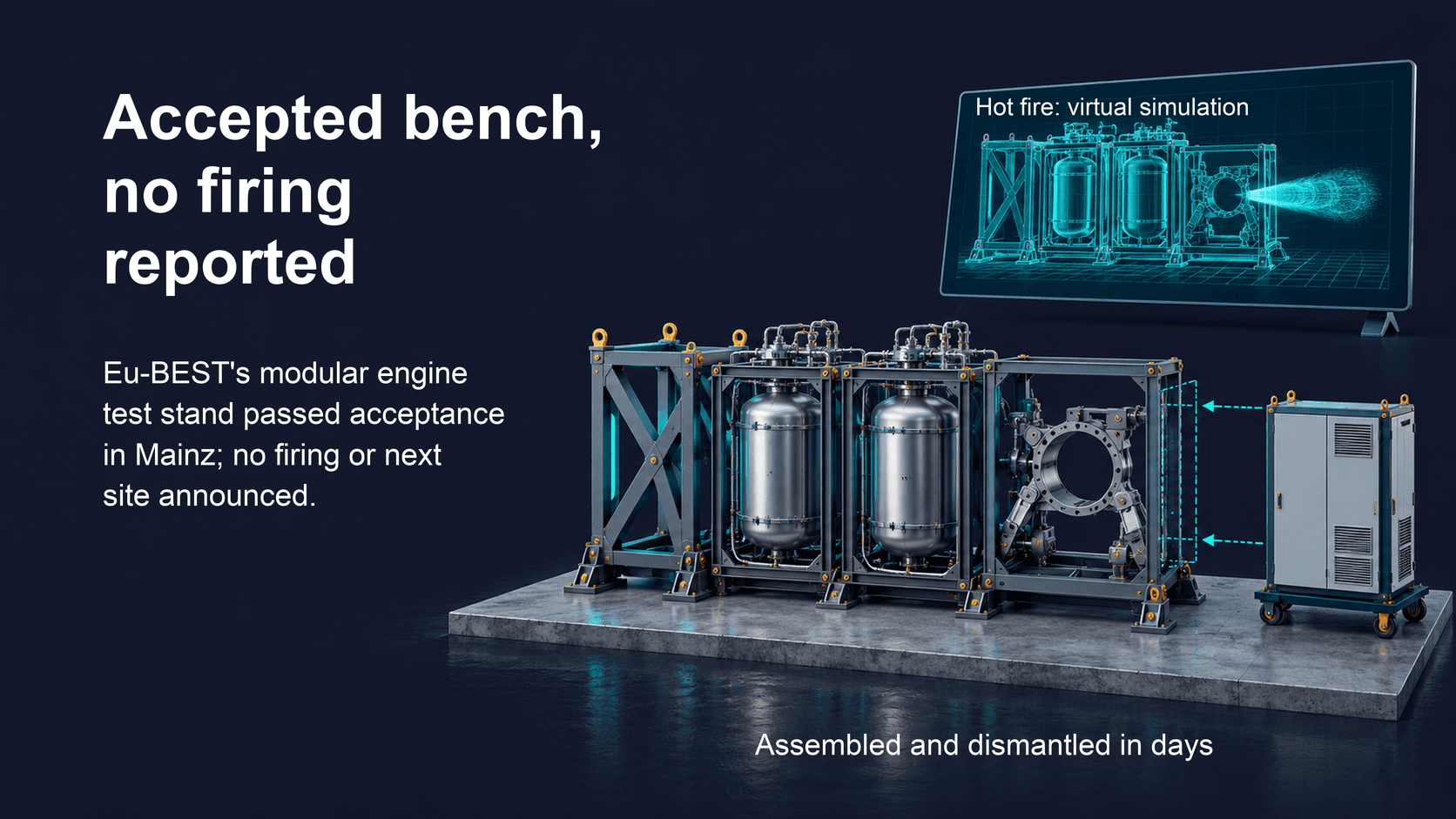 Accepted bench, no firing reported: a modular Eu-BEST engine test stand with a separate screen showing a virtual hot-fire simulation, labelled assembled and dismantled in days.