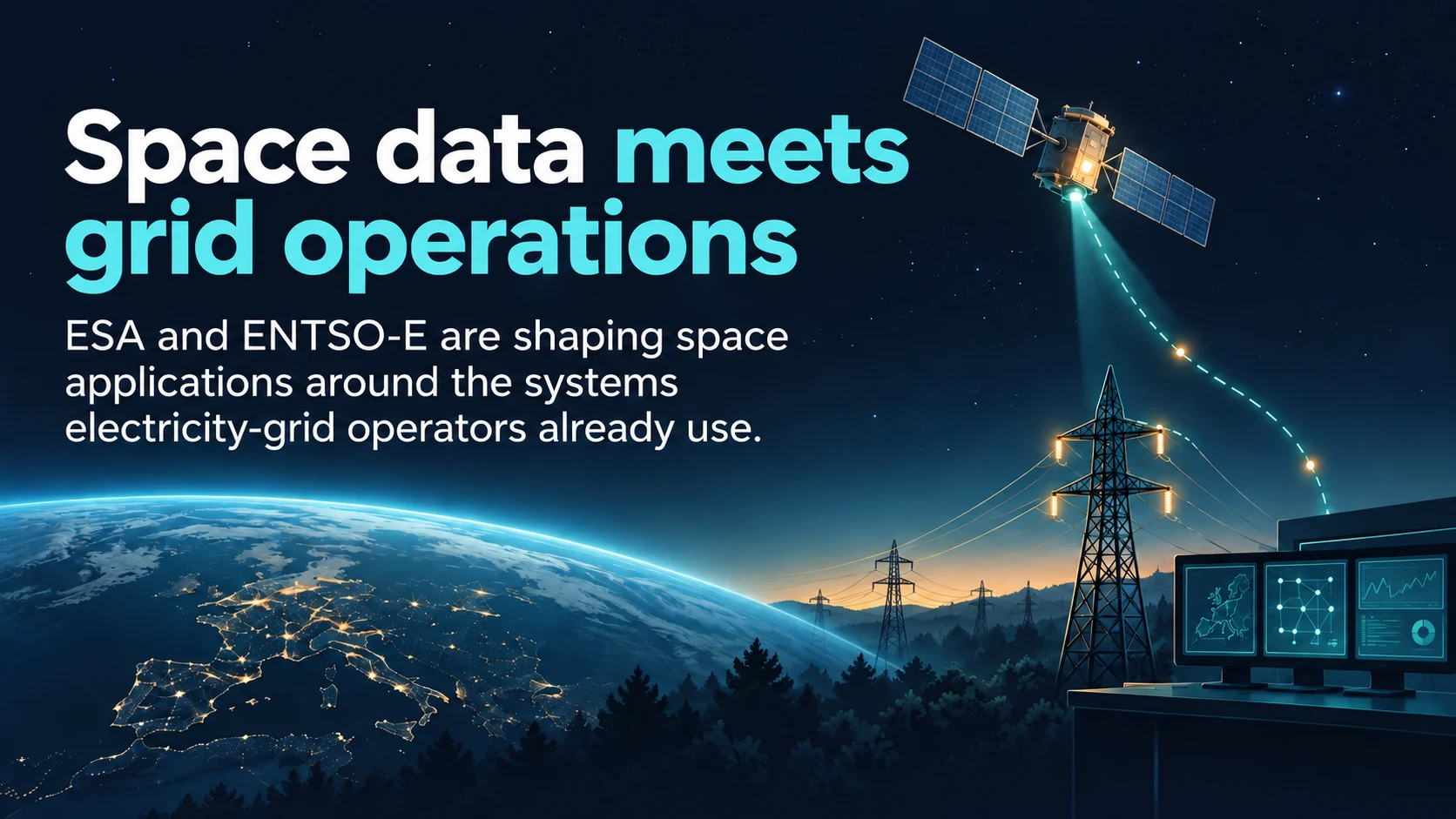 Conceptual satellite-to-grid connection with a pylon and a generic operator workstation. The text describes ESA and ENTSO-E shaping applications around existing operator systems.